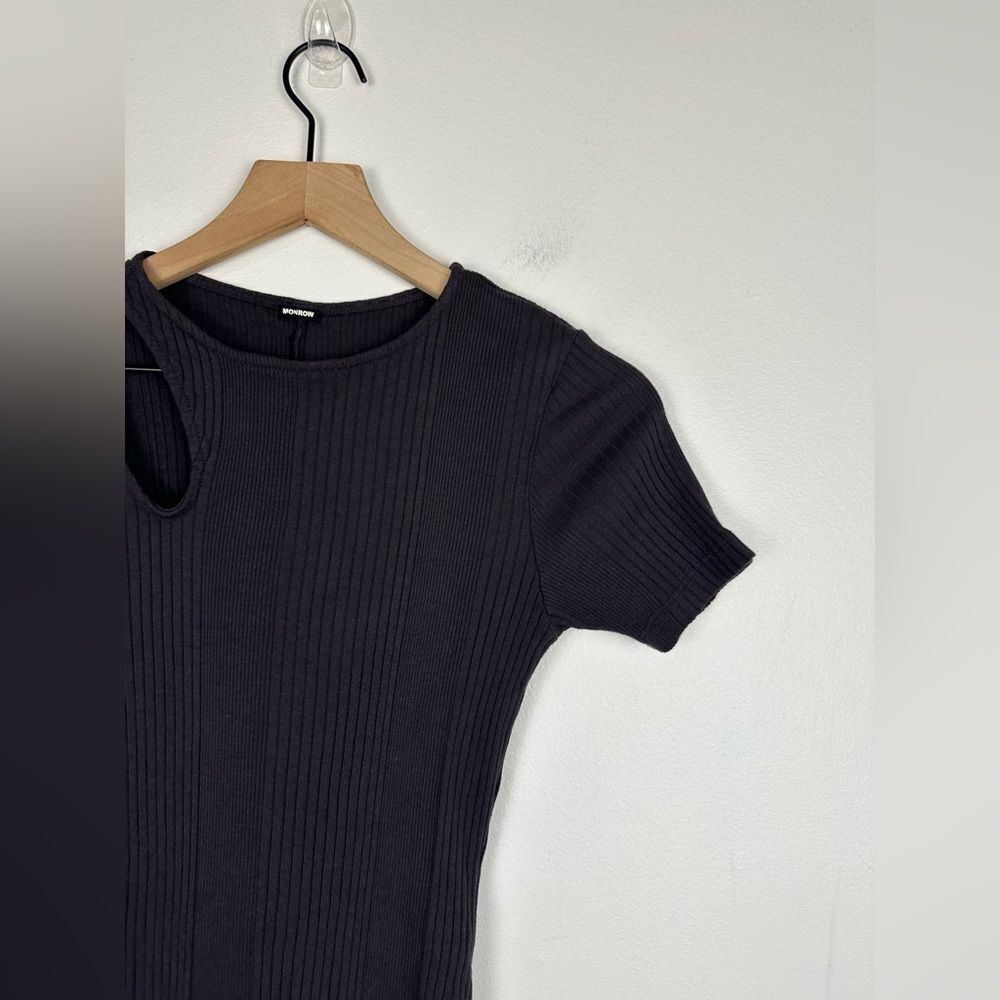 Monrow Women's Black Ribbed Short Sleeve Cutout Mini T-Shirt Dress Size XS - Picture 6 of 10